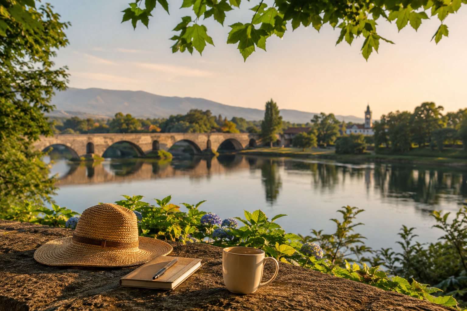 Blick auf die historische Brücke von Ponte de Lima im warmen Abendlicht mit Hut, Notizbuch und Tasse im Vordergrund.