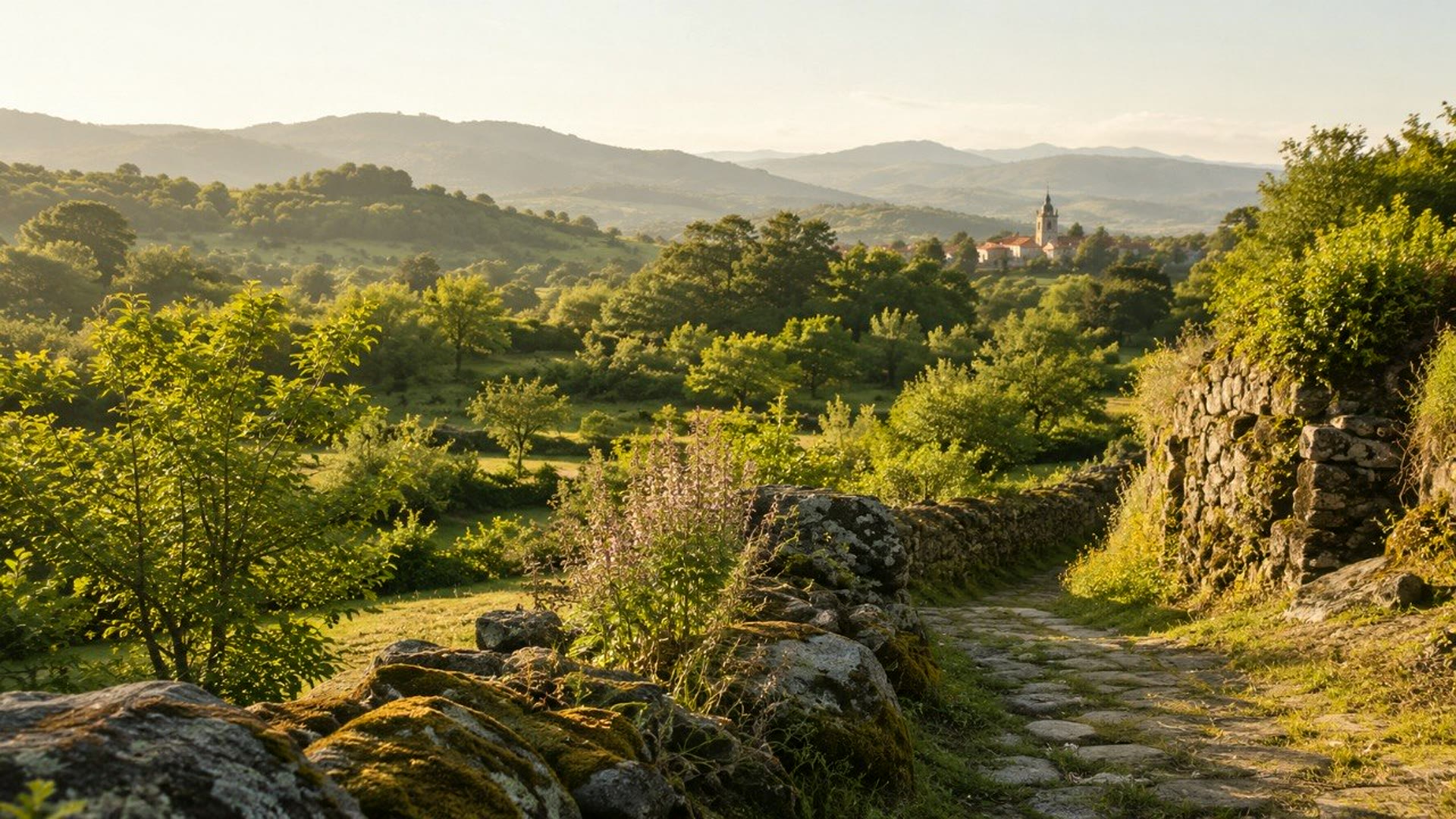 Grüne Landschaft im Minho mit Steinweg, Hügeln und kleinem Dorf im Frühsommer.