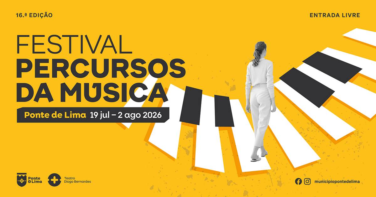 Official yellow banner for the 16th Festival Percursos da Música in Ponte de Lima, from 19 July to 2 August 2026.