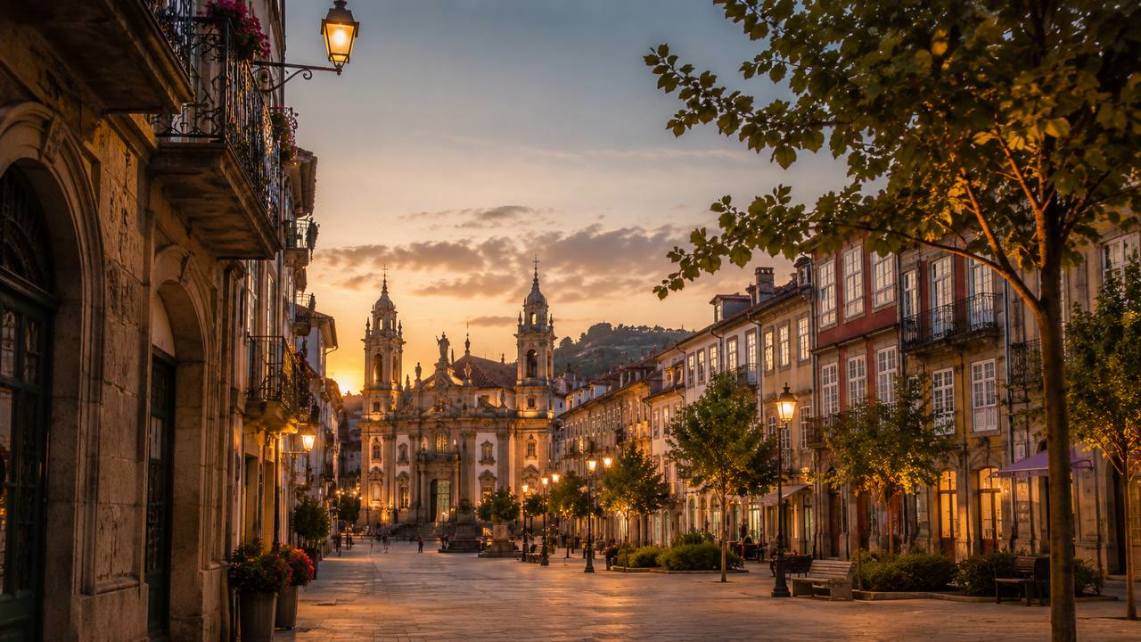 Abendlicher Platz in der Altstadt von Braga mit beleuchteter Kirche und warmer Sommerstimmung.